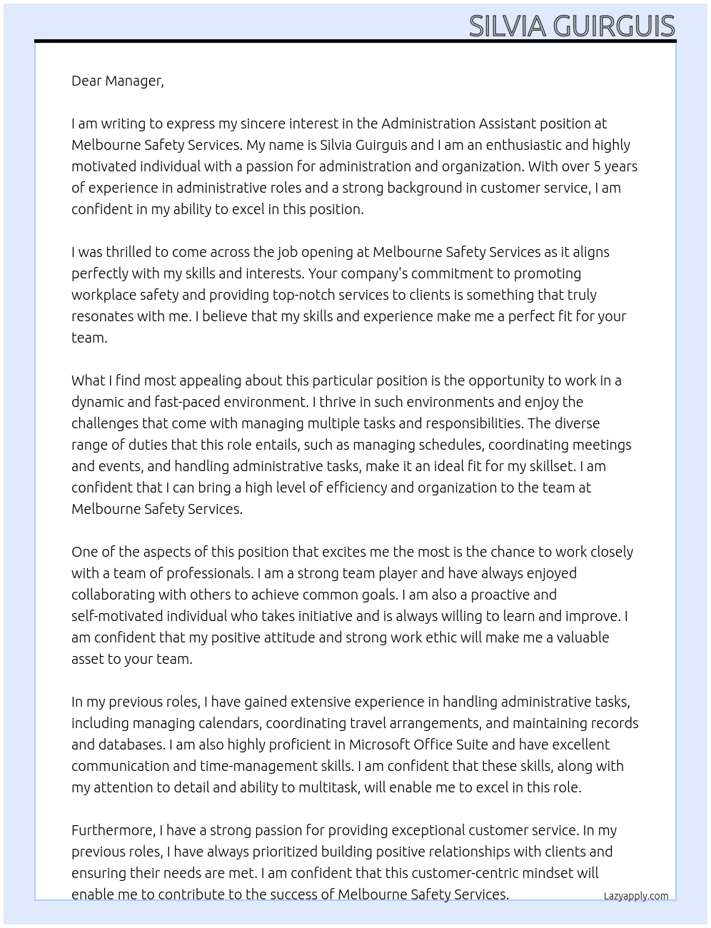 Administration Assistant At Melbourne Safety Services Cover Letter