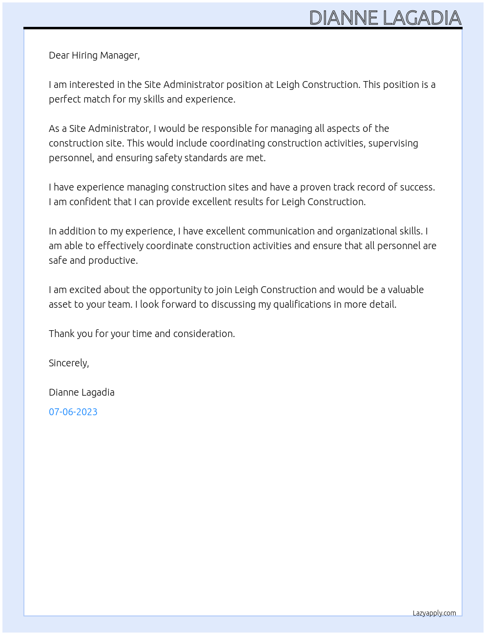 Site Administrator At Leigh Construction Cover Letter