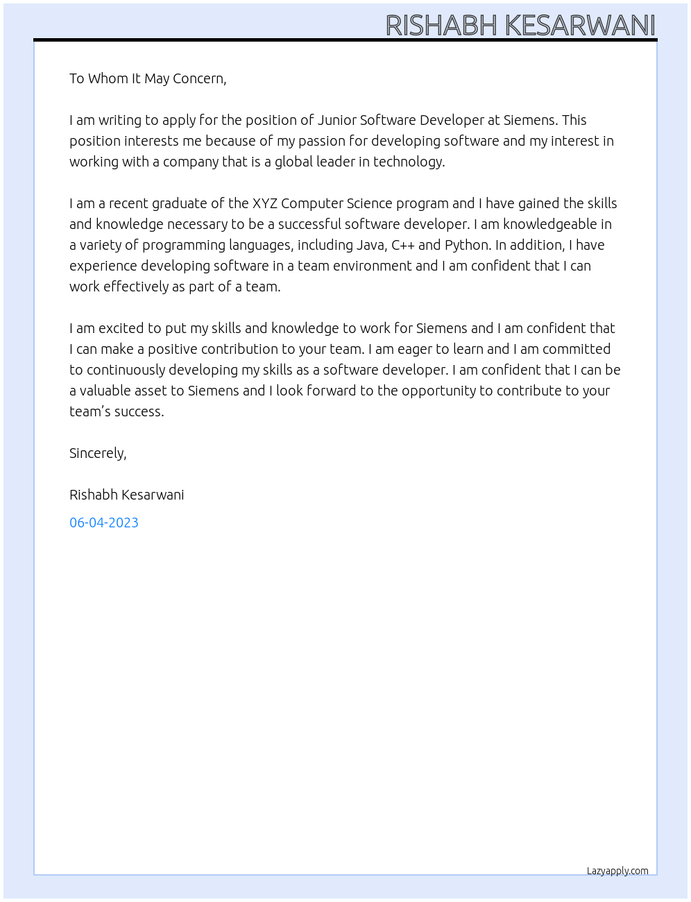 Junior Software Developer At Siemens Cover Letter