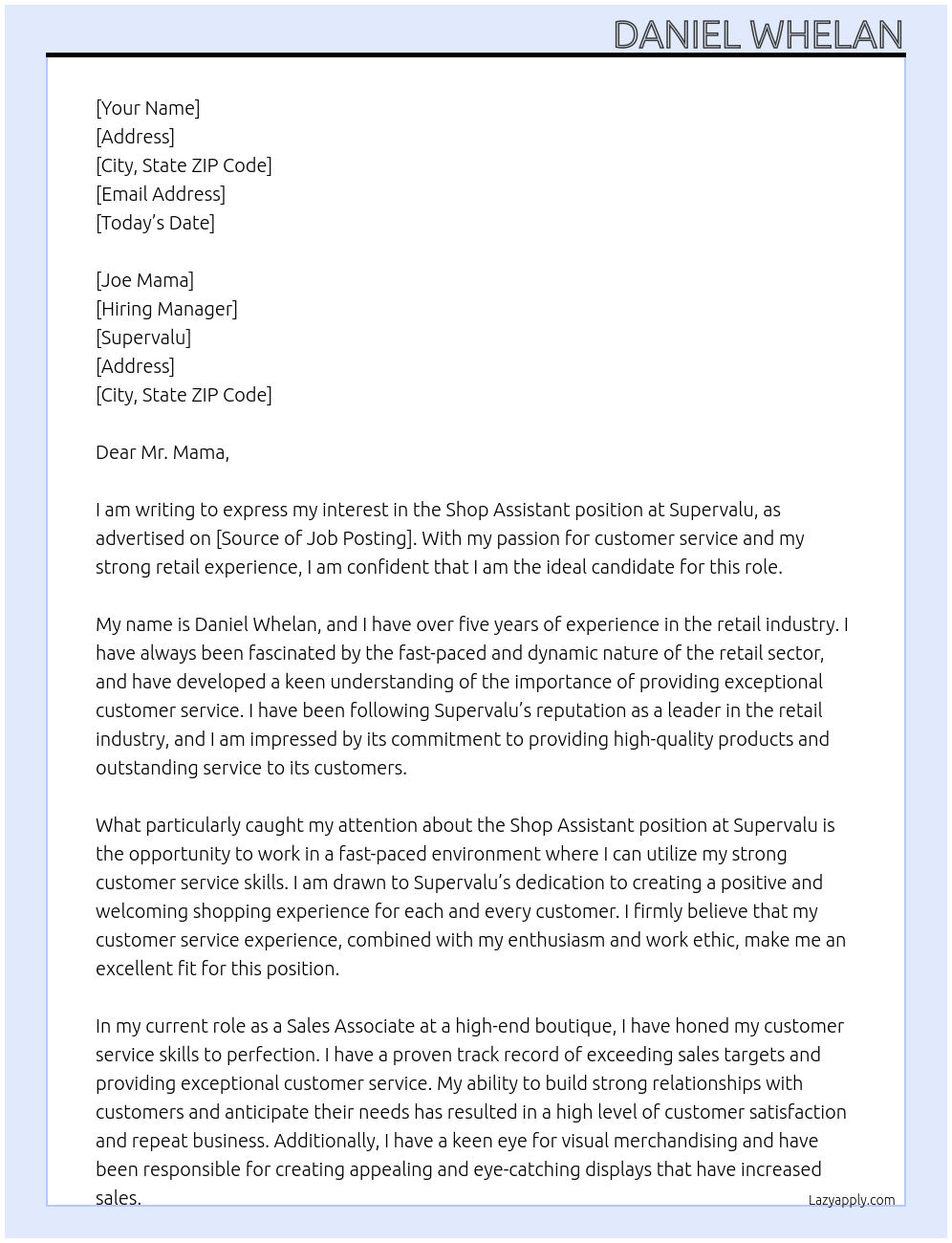 Shop Assistant At Supervalu Cover Letter