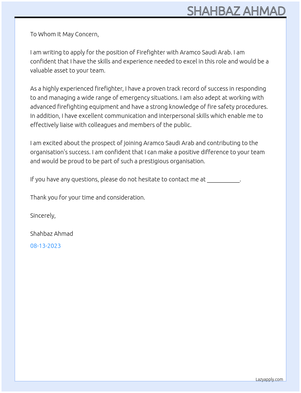 firefighter At aramco saudi arab Cover Letter