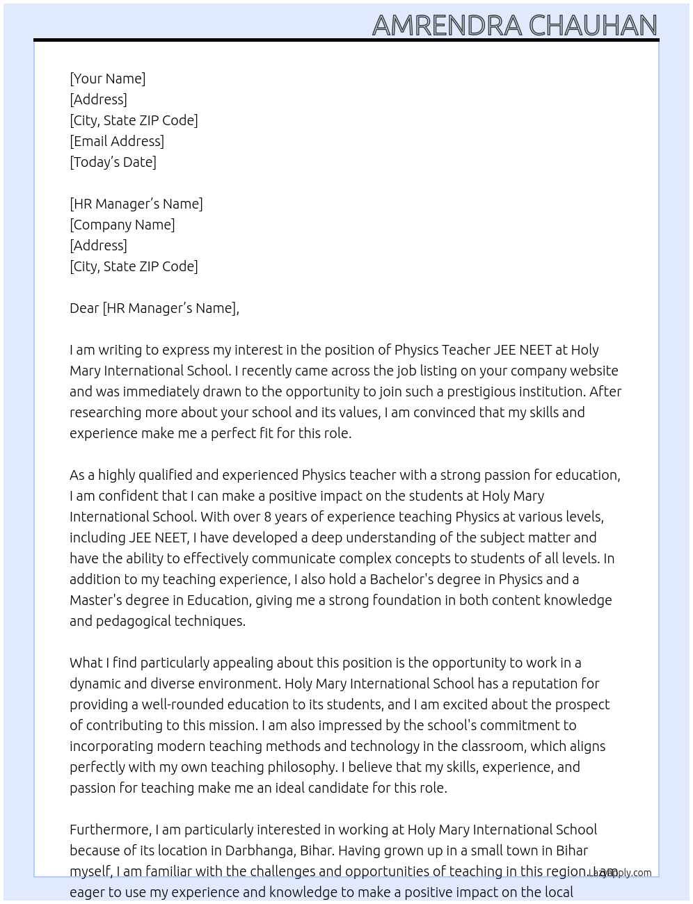 Physics teacher jee neet At Holy mary international school  Cover Letter