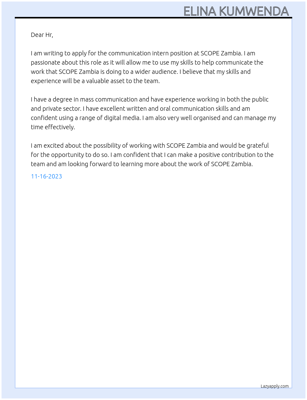 Communication intern At SCOPE Zambia Cover Letter