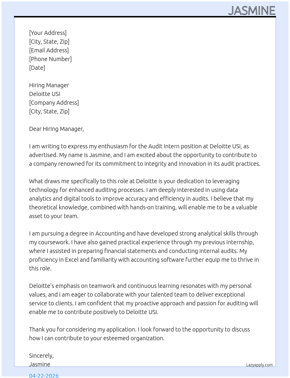 Audit intern At Deloitte USI Cover Letter