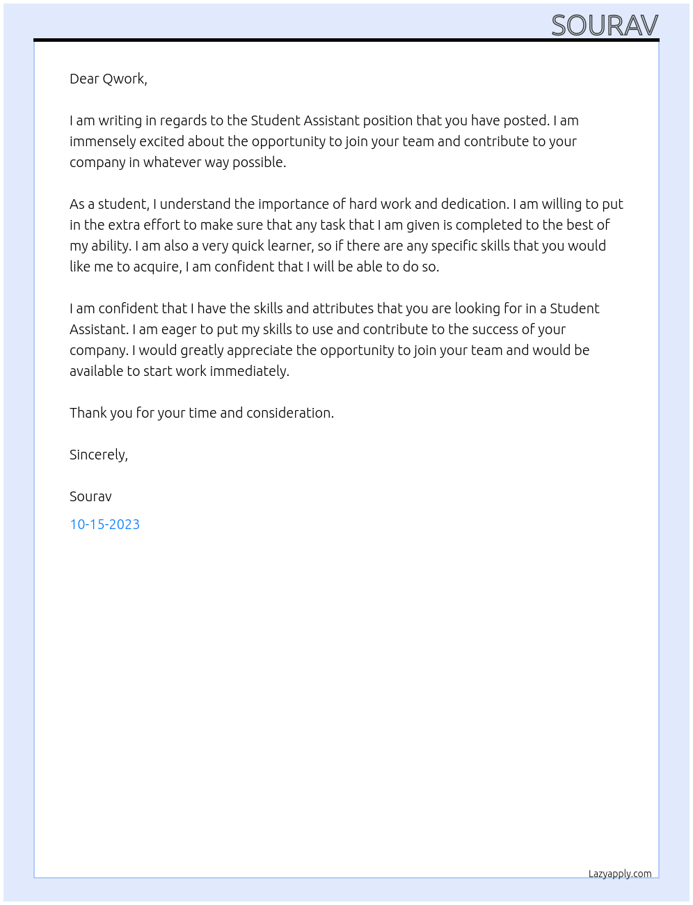 Student Assistant At Qwork Cover Letter