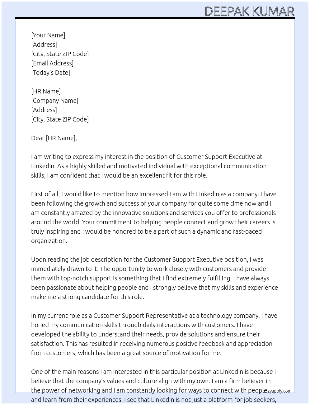 Customer Support Executive At Linkedin Cover Letter