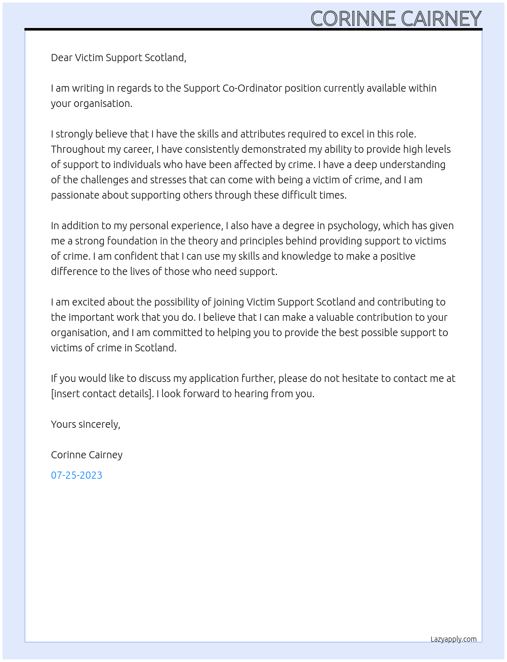 Support Co-Ordinator  At Victim Support Scotland  Cover Letter