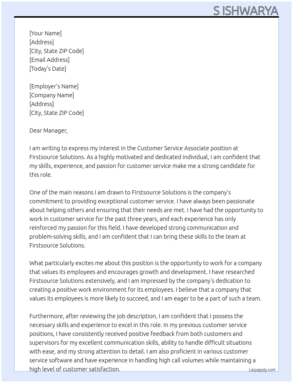 Customer service associate At Firstsource solutions Cover Letter