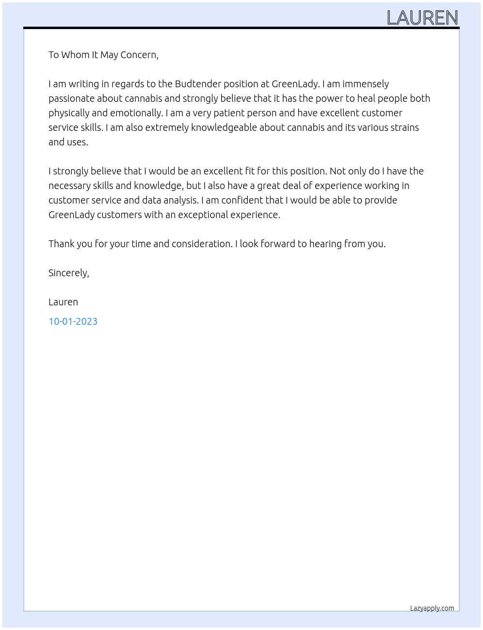 Budtender At GreenLady Cover Letter