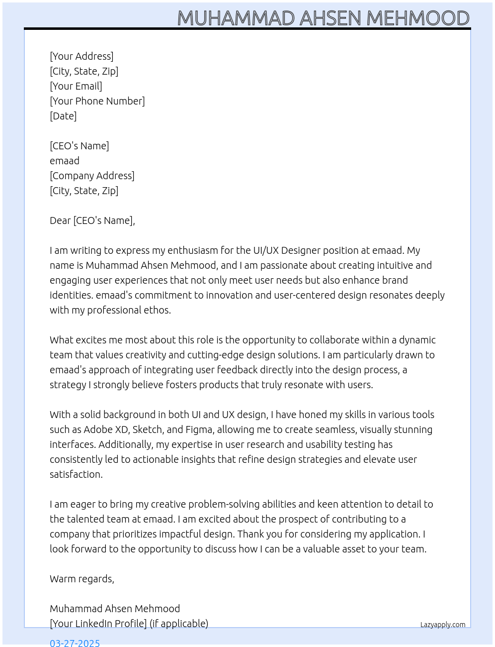 UI/UX Designer At emaad Cover Letter