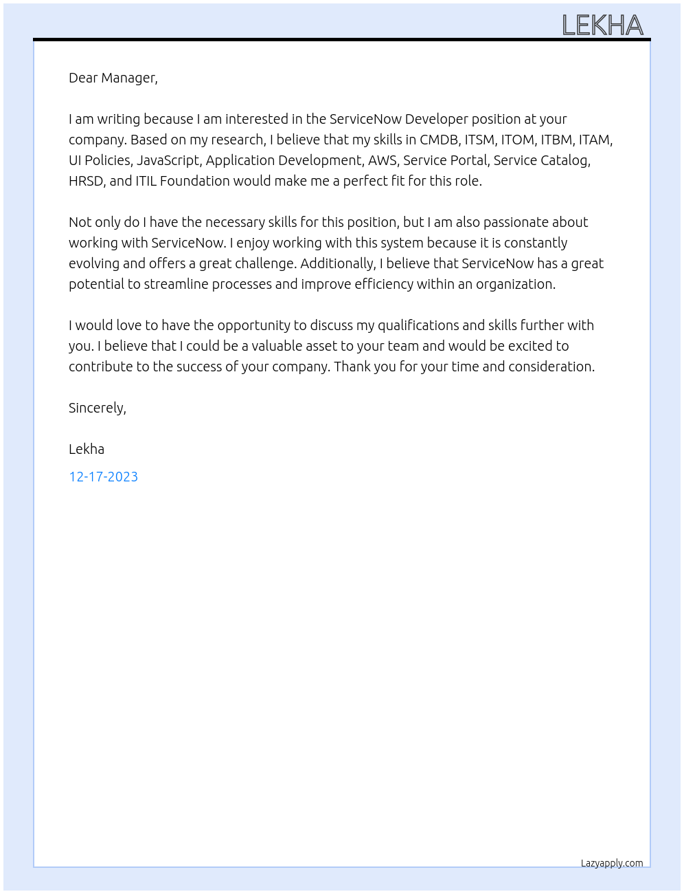 ServiceNow Developer At Ex - Grainwell Cover Letter
