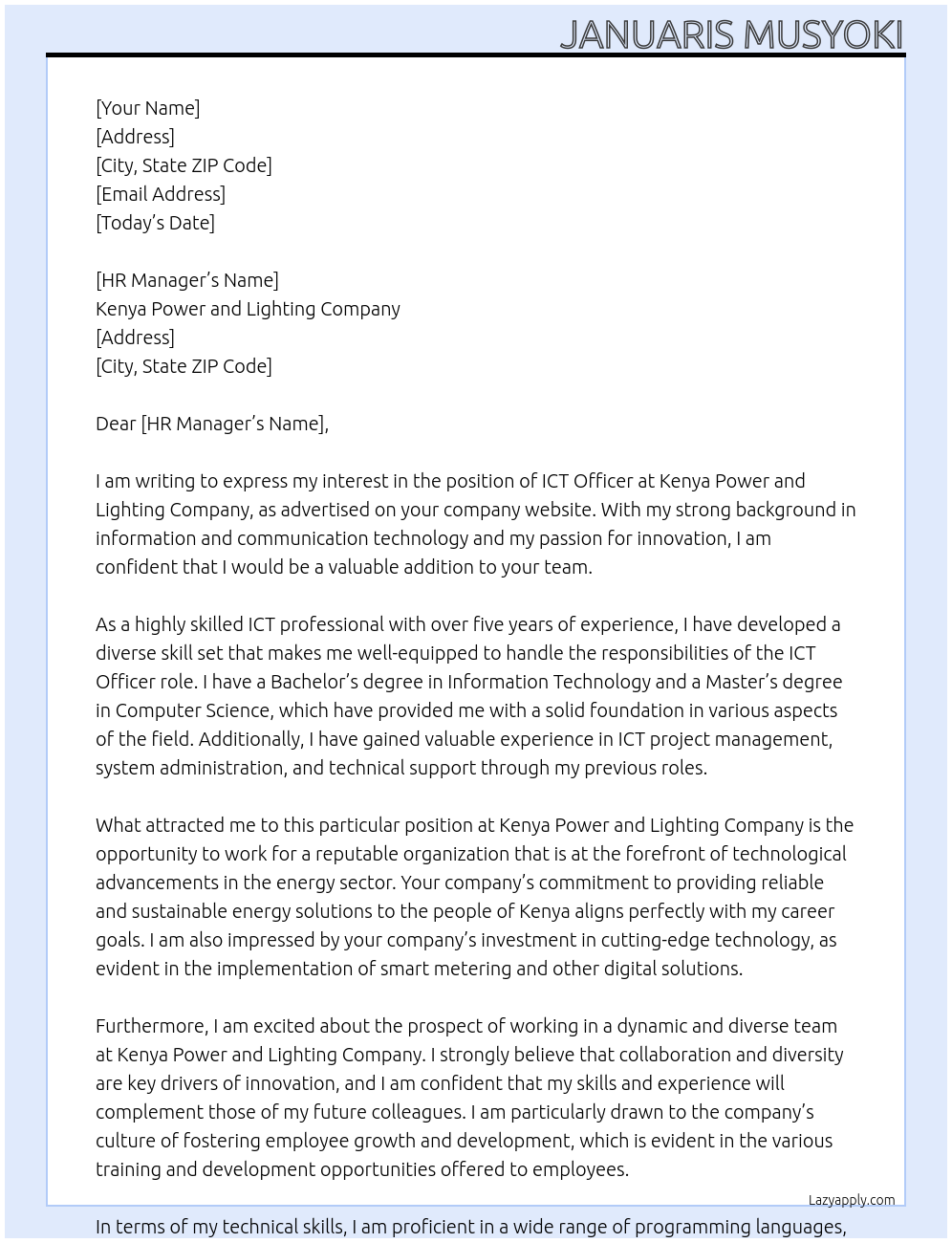 ict officer At kenya power and lighting company Cover Letter