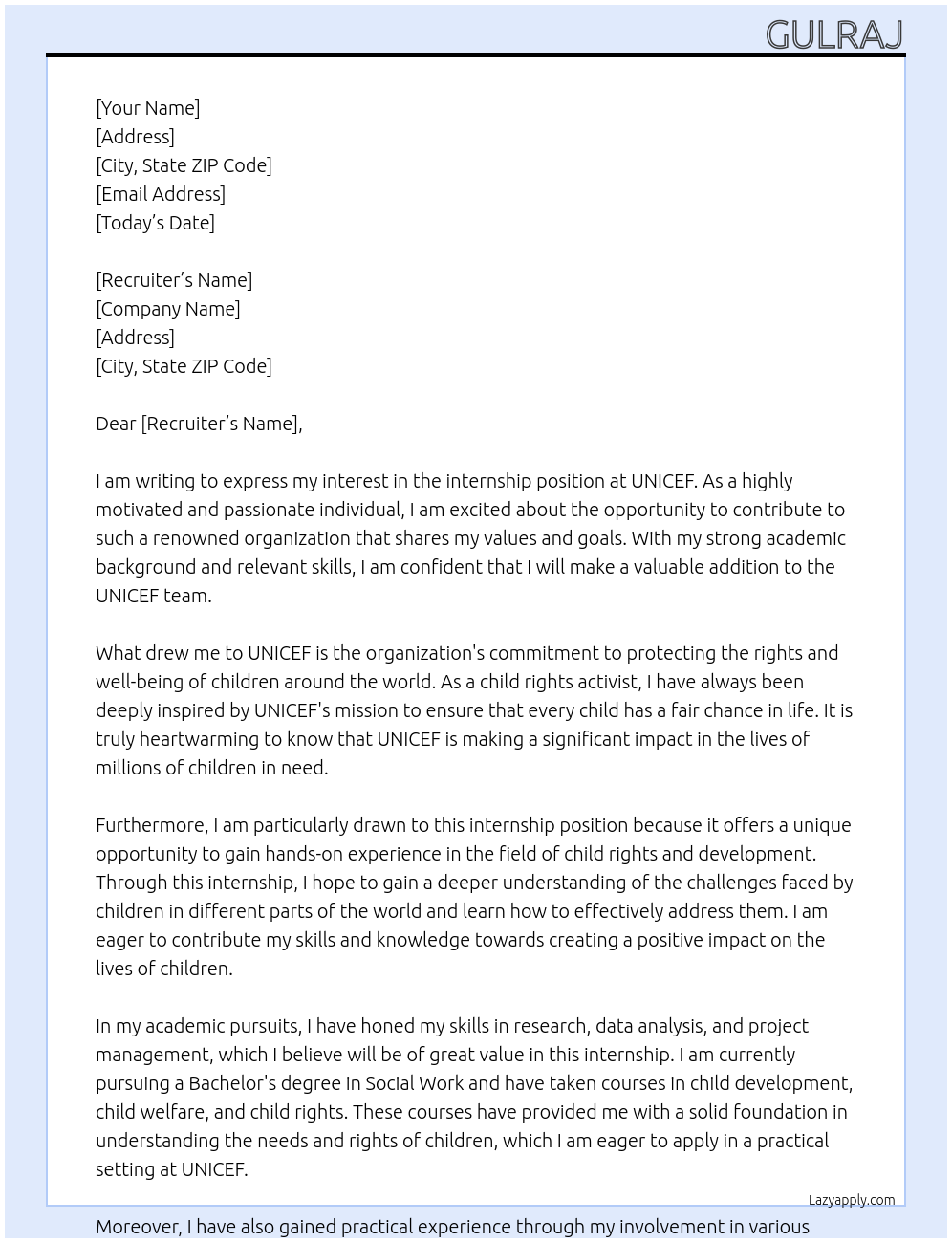 intership At unicef Cover Letter