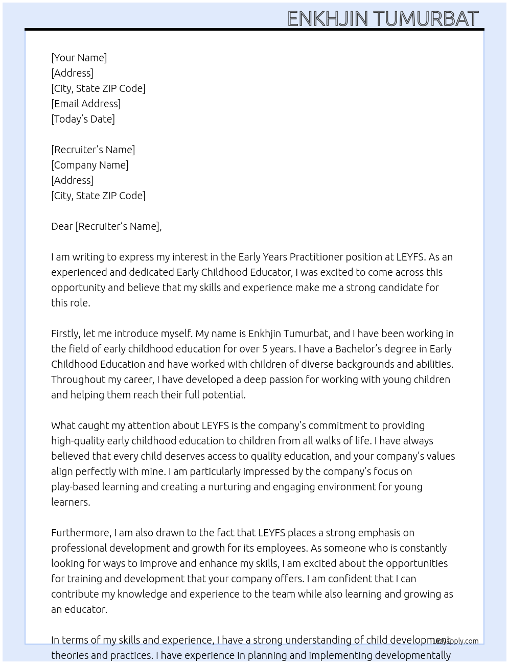 Early Years practitioner  At LEYFS Cover Letter