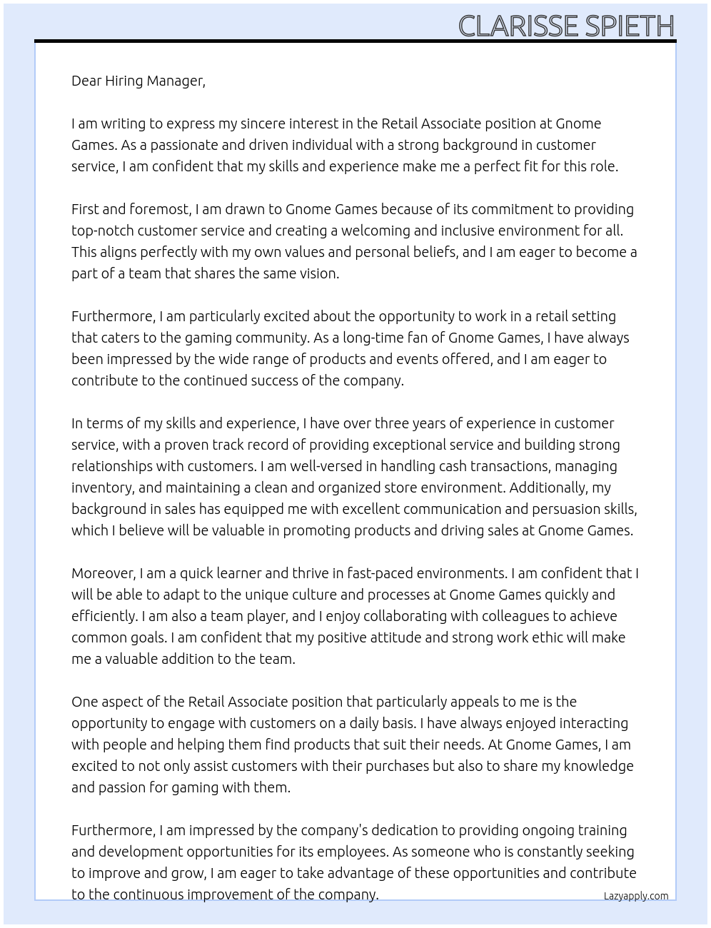 Retail Associate At Gnome Games Cover Letter