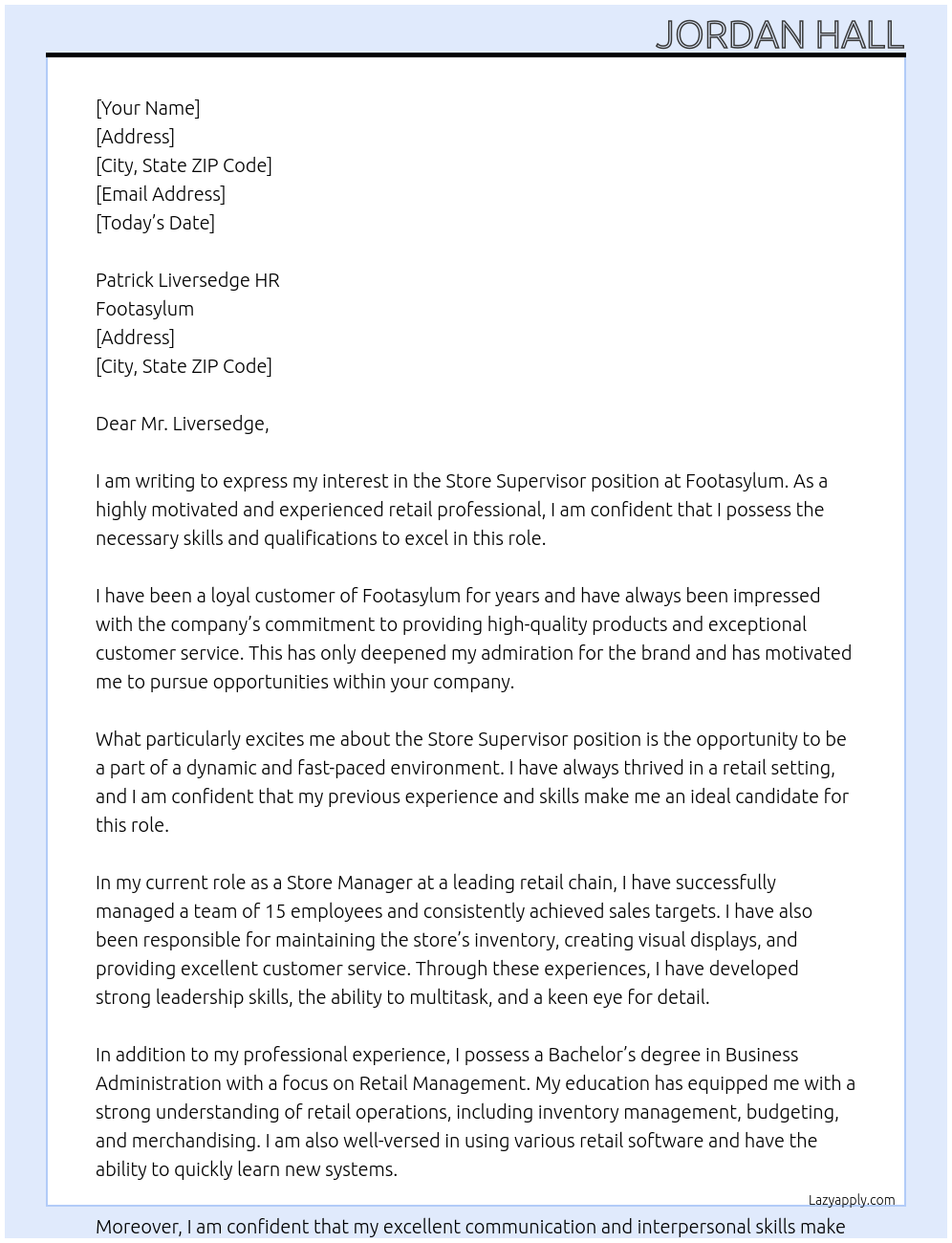 Store Supervisor At Footasylum Cover Letter