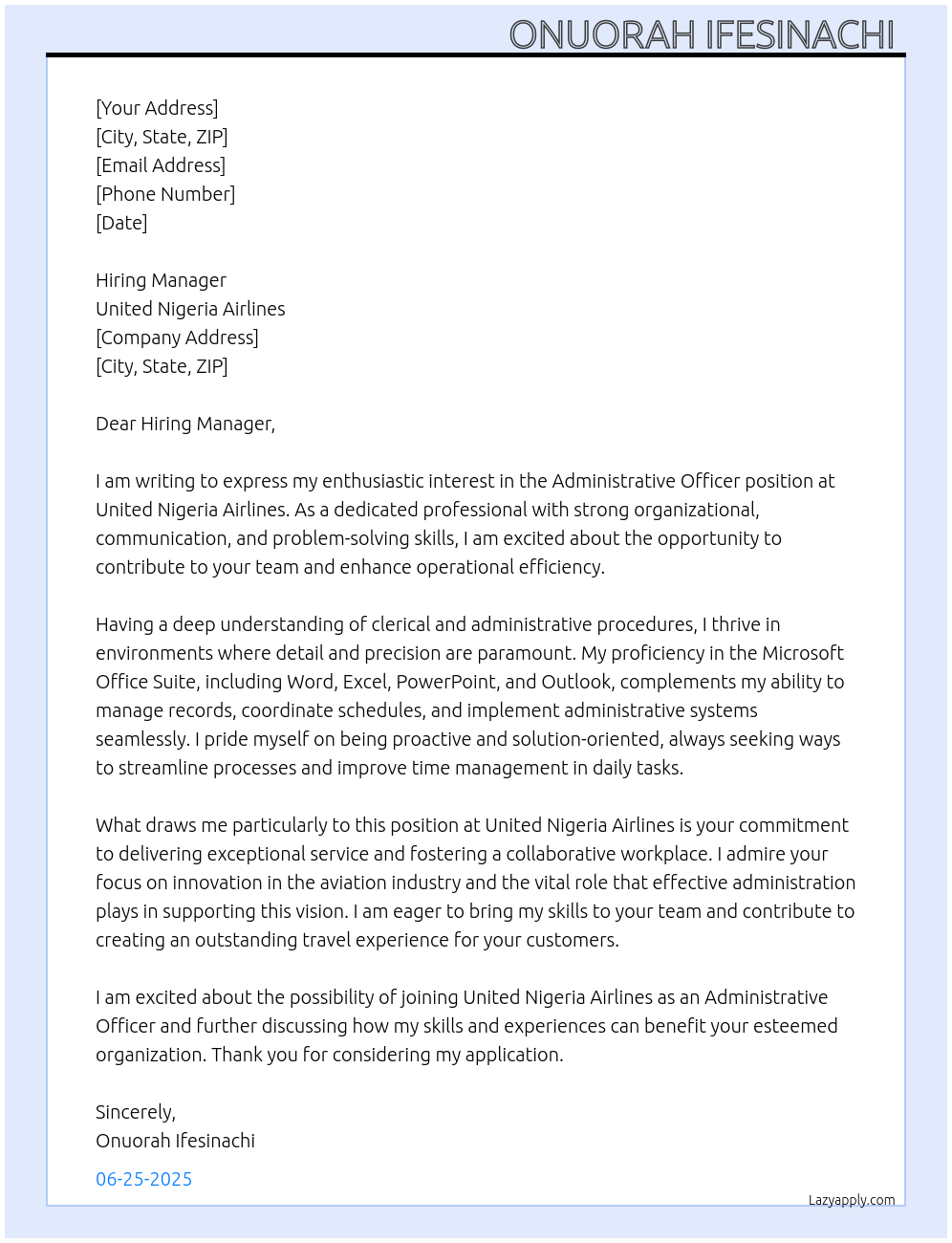 Administrative officer At United Nigeria Airlines Cover Letter