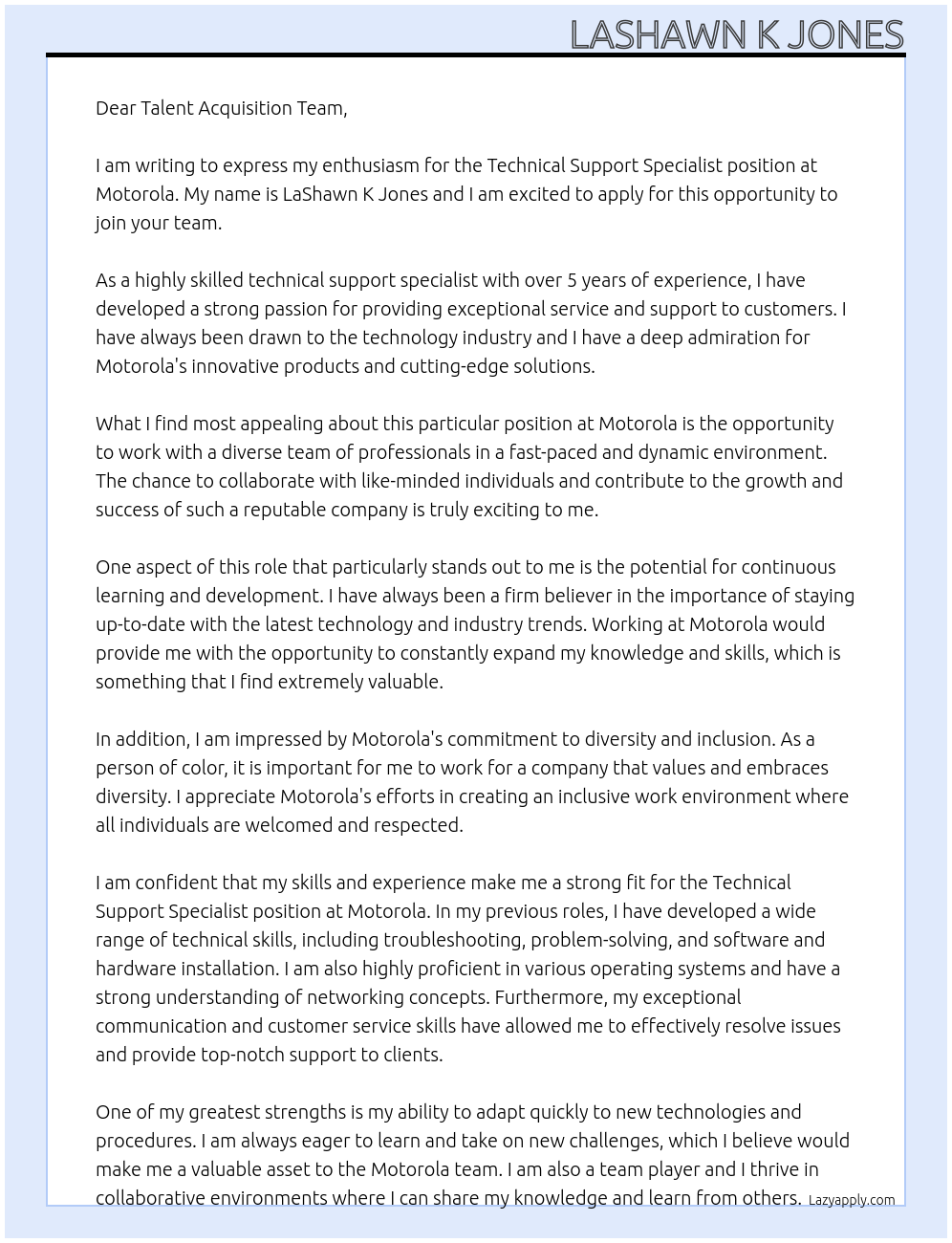 Technical Support Specialist At Motorola Cover Letter