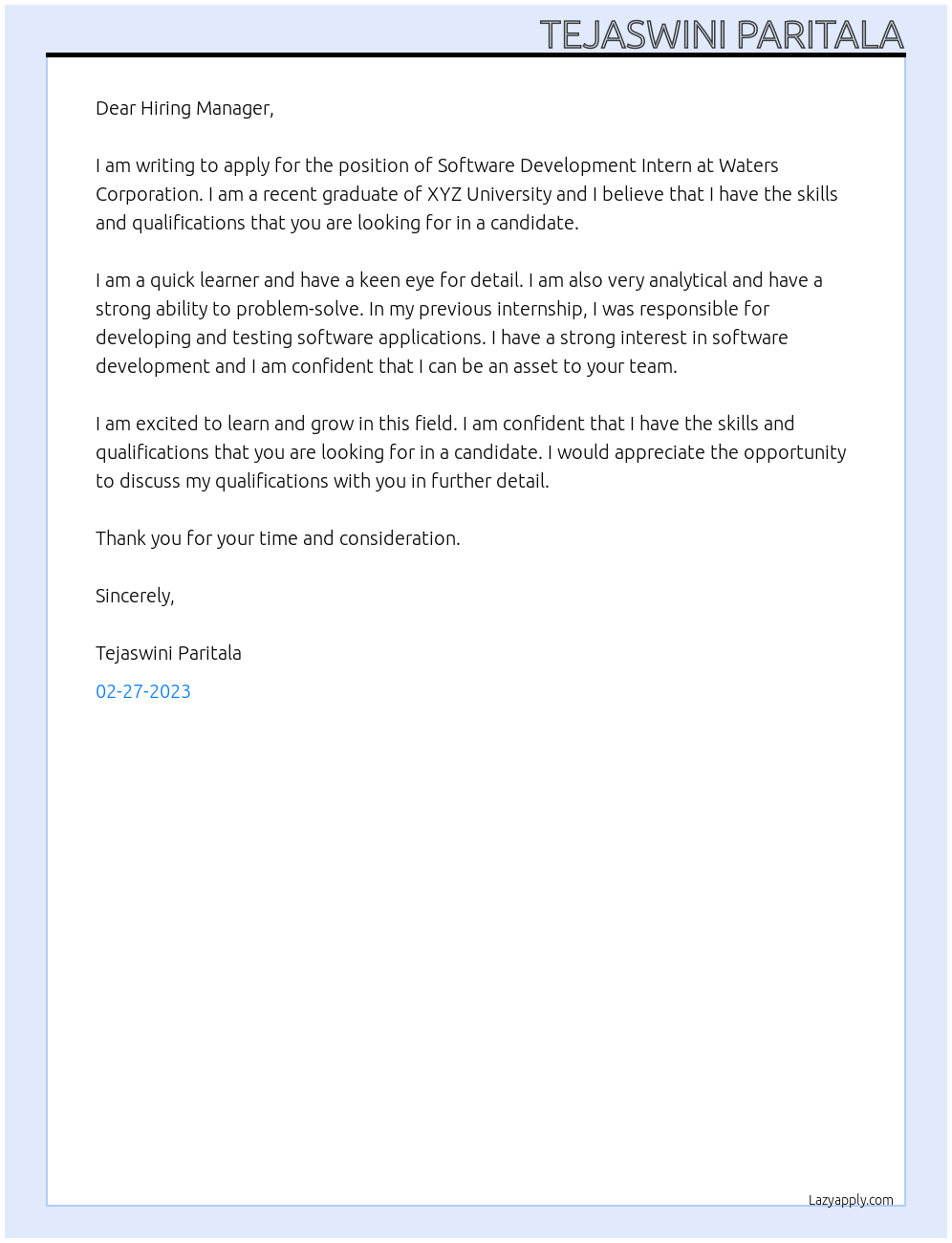 Software Development Intern At Waters Corporation Cover Letter