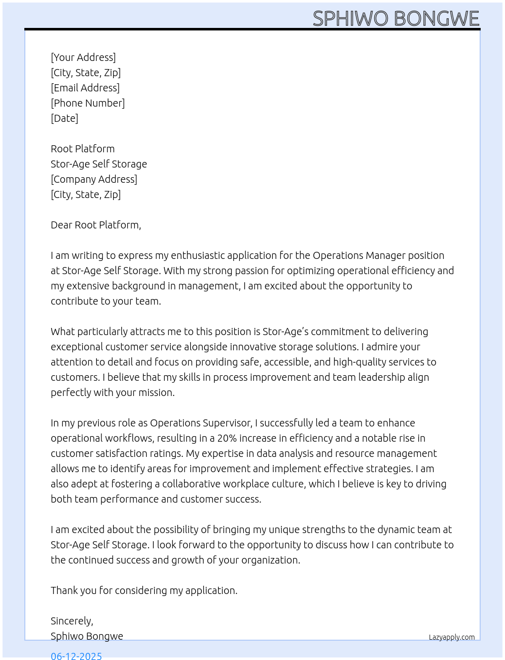 Operations Manager At Stor-Age Self Storage Cover Letter