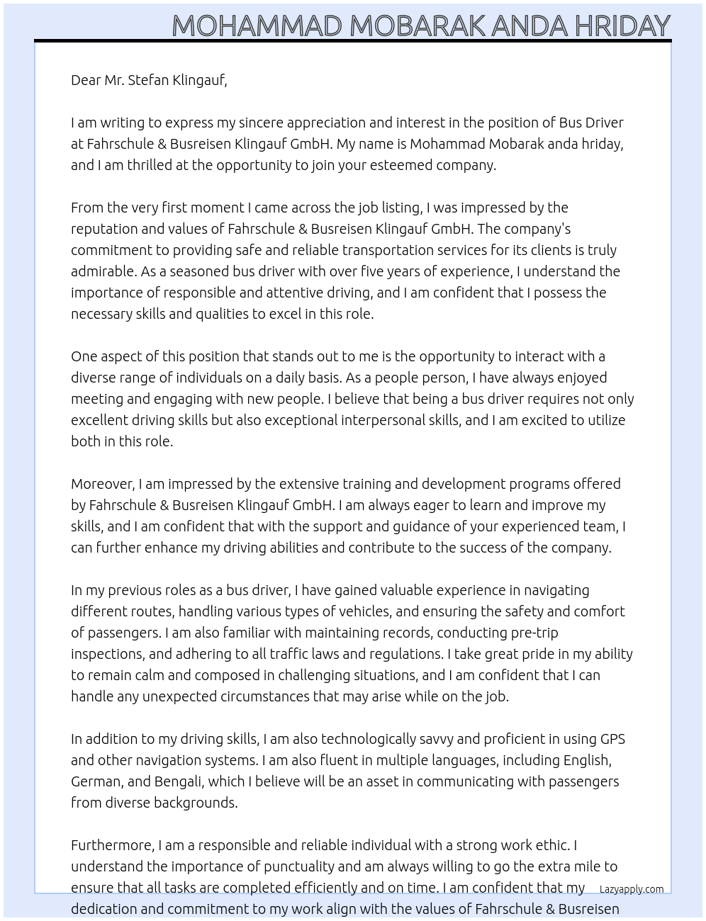 Bus driver At Fahrschule & Busreisen Klingauf GmbH Cover Letter