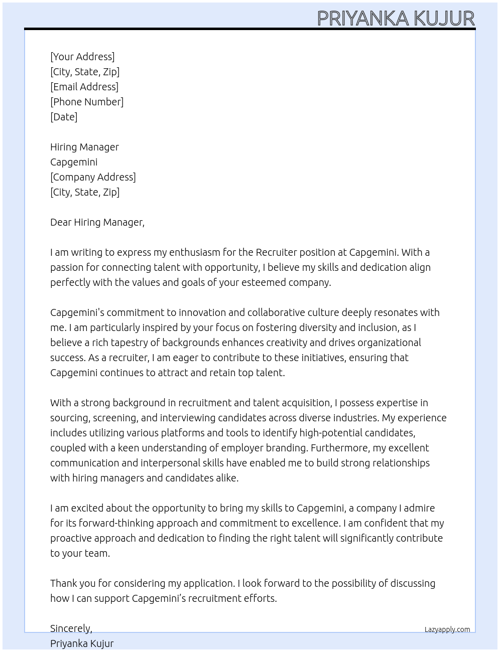 recruiter At Capgemini Cover Letter