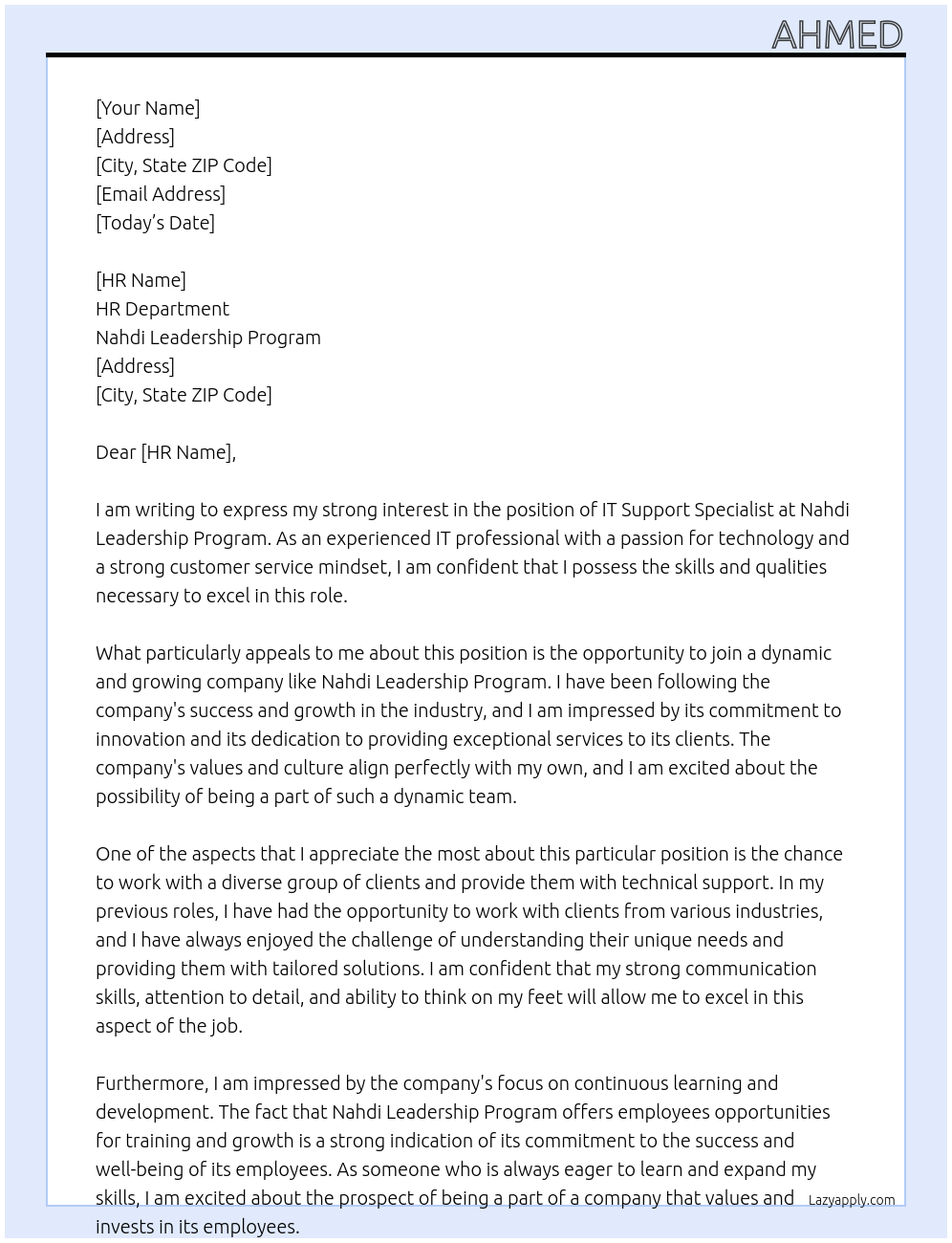 IT Support Specialist At Nahdi Leadership Program Cover Letter