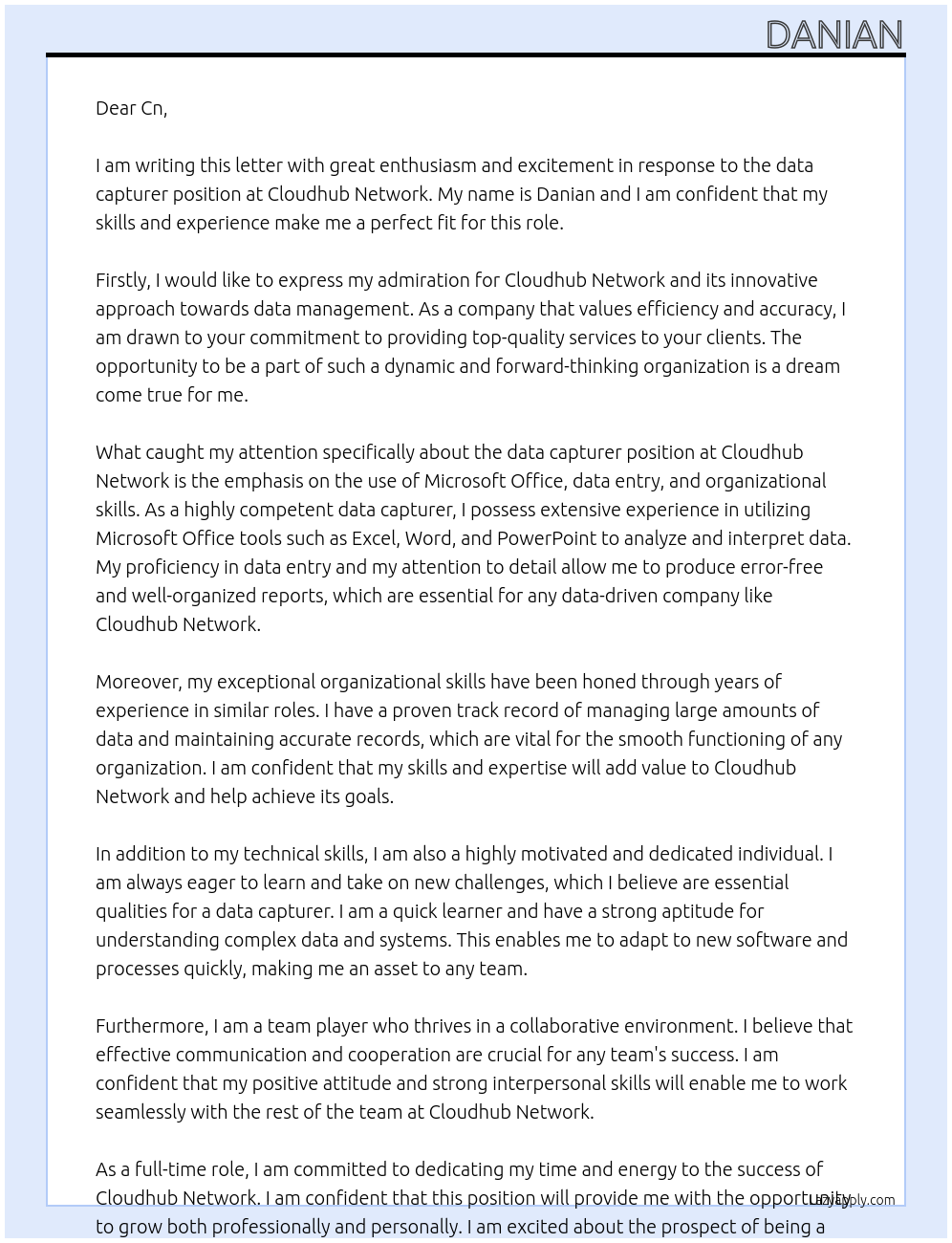 data capturer At Cloudhub Network Cover Letter