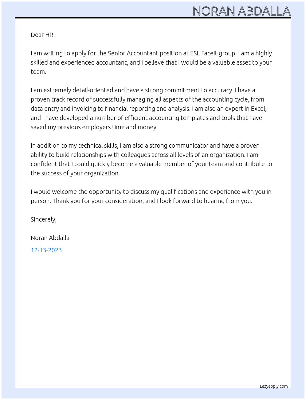 Senior accountant At ESL Faceit group Cover Letter