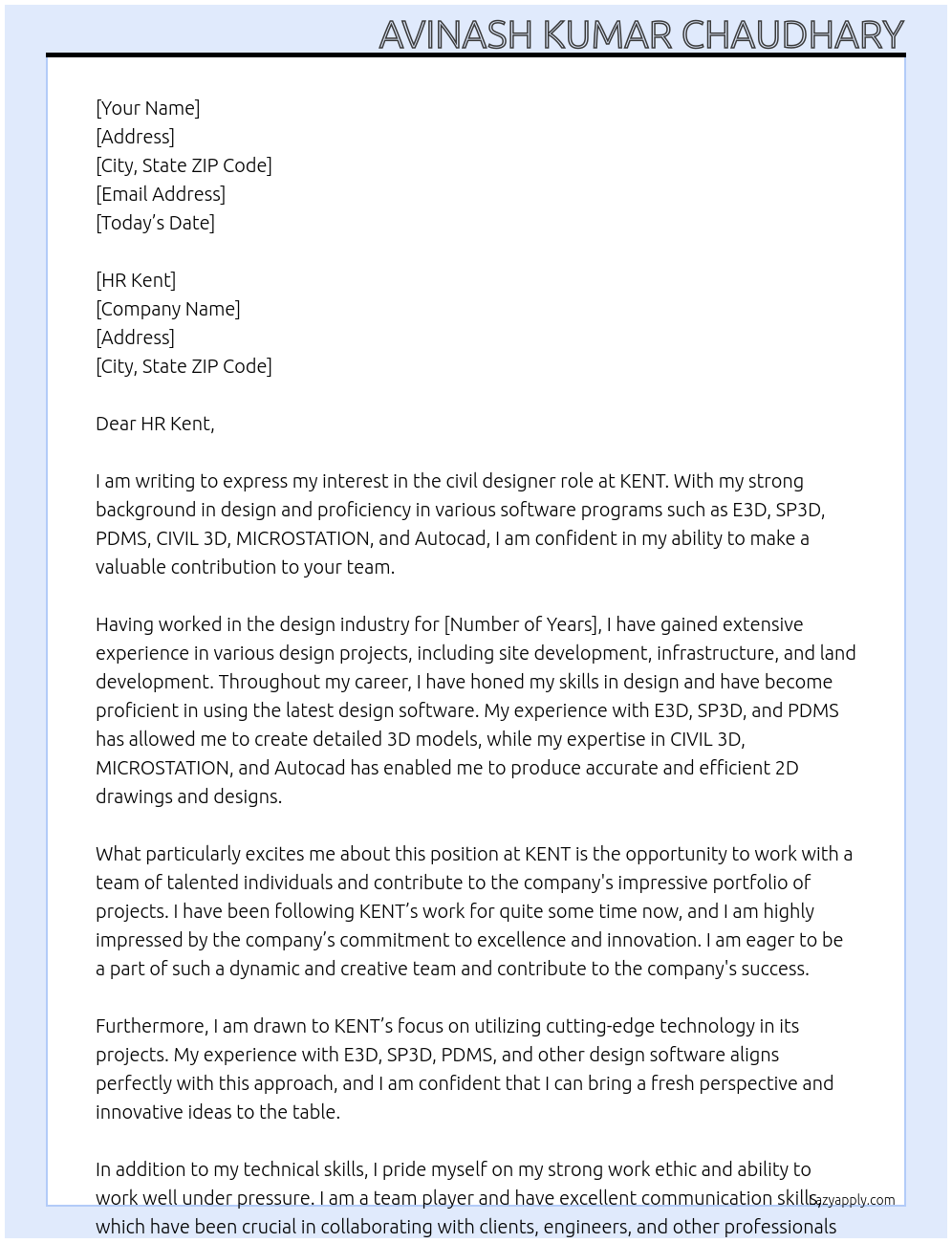 DESIGNER At KENT Cover Letter