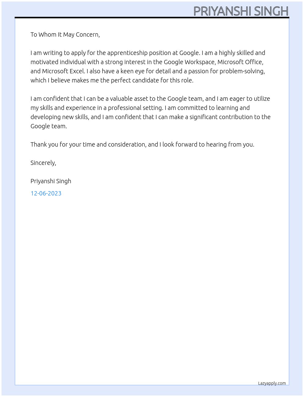 Apprenticeship At Google Cover Letter