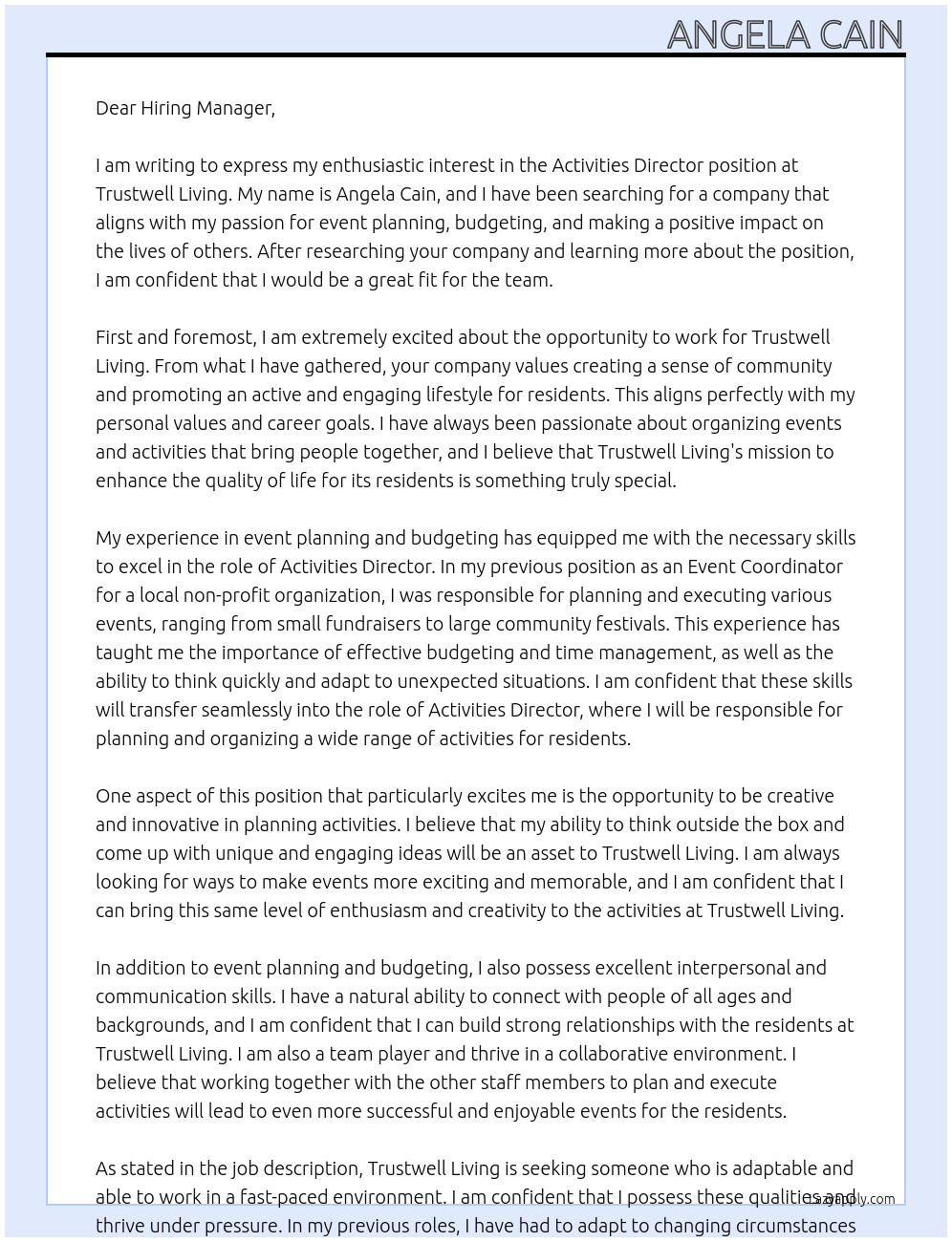 Activities Director At Trustwell Living Cover Letter