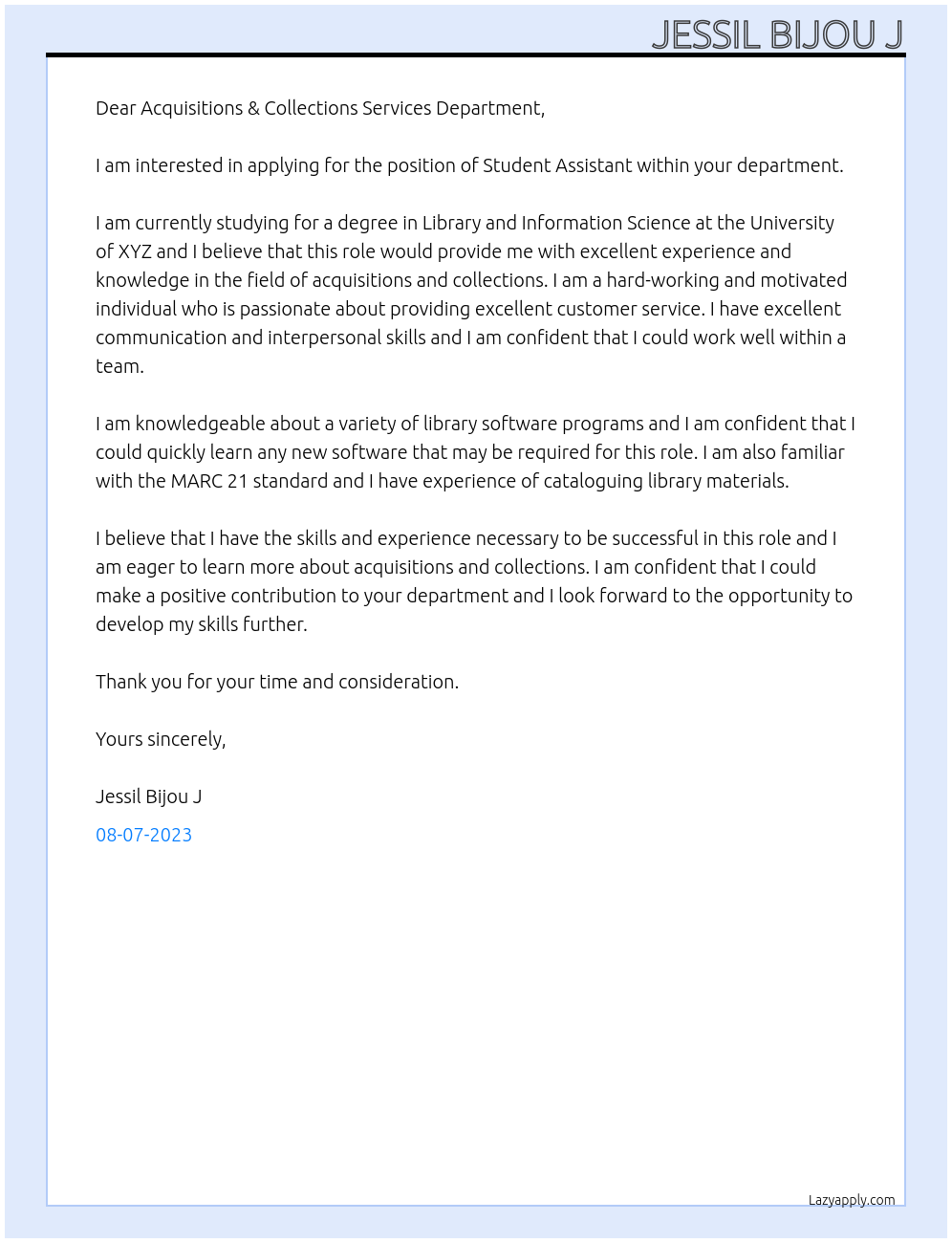 Student Assistant At Acquisitions & Collections Services Department Cover Letter