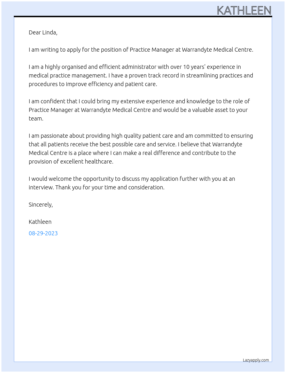 Practice Manager At Warrandyte Medical Centre Cover Letter