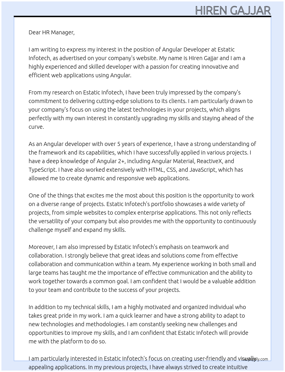 Angular developer At Estatic Infotech Cover Letter
