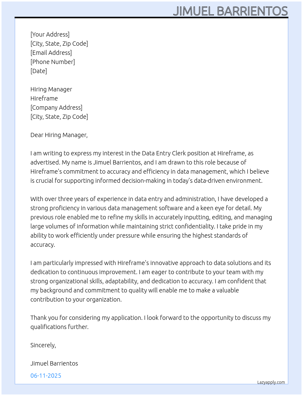 Data Entry Clerk At Hireframe Cover Letter