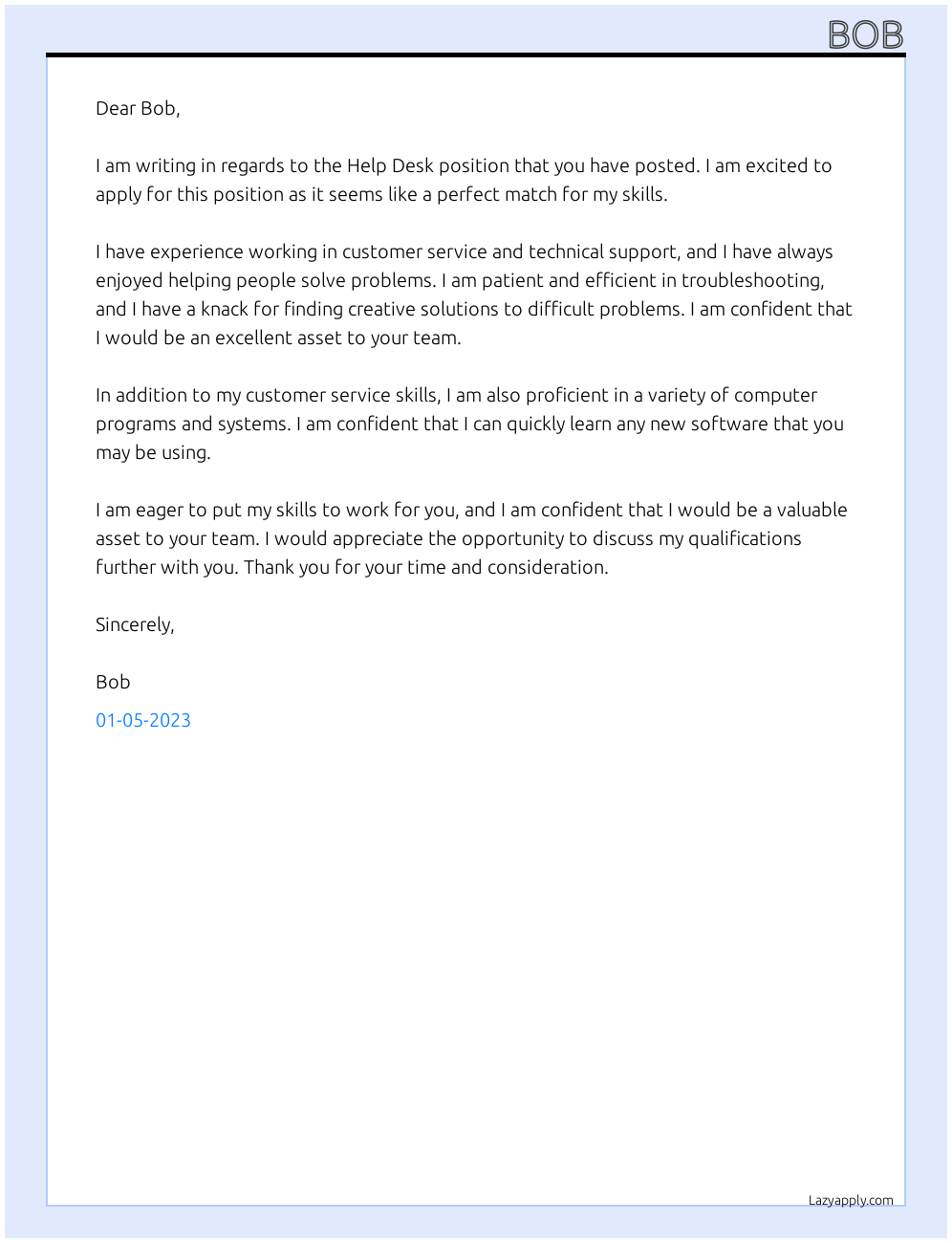 Help Desk At Bob Cover Letter