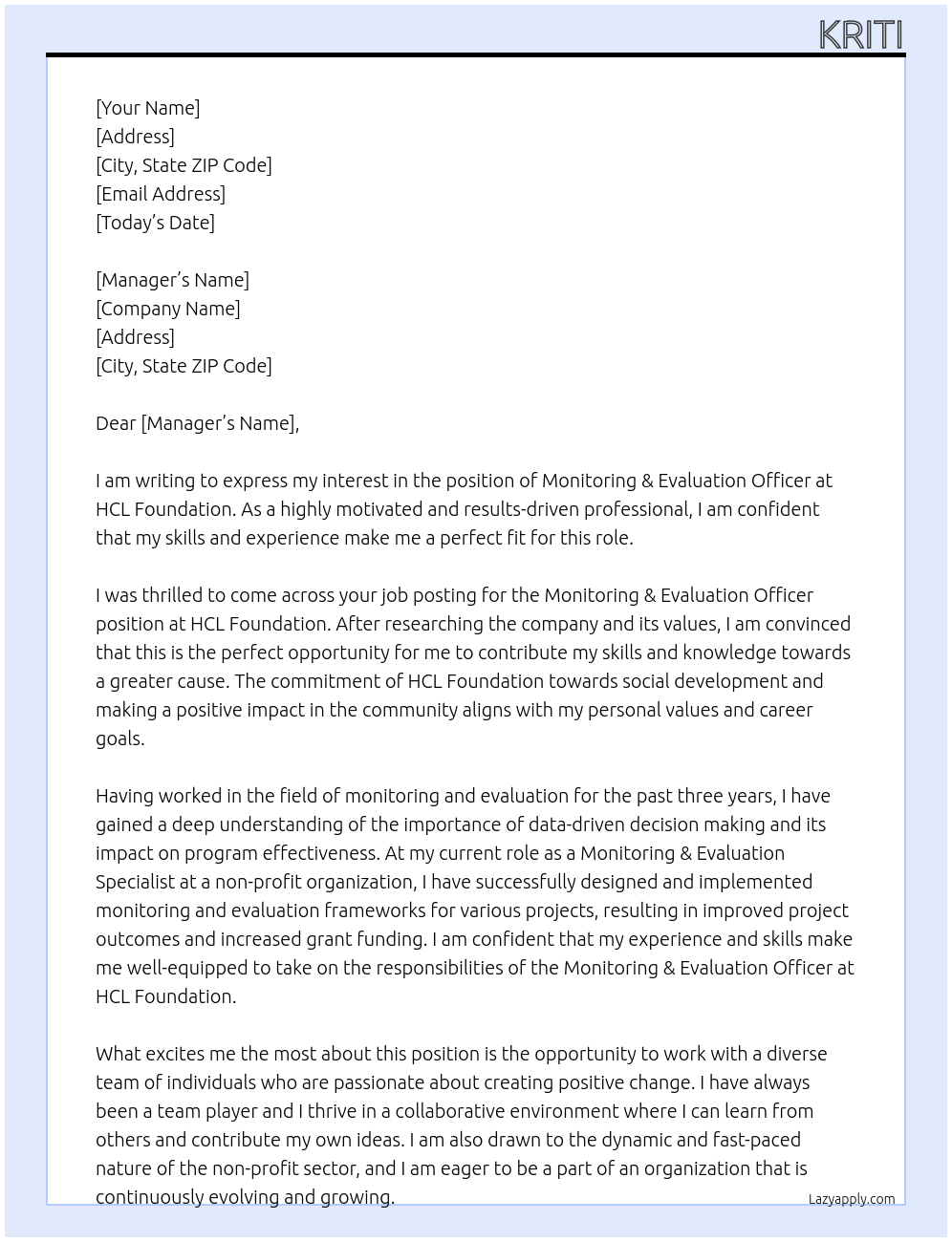 Monitoring & Evaluation Officer At HCL Foundation Cover Letter