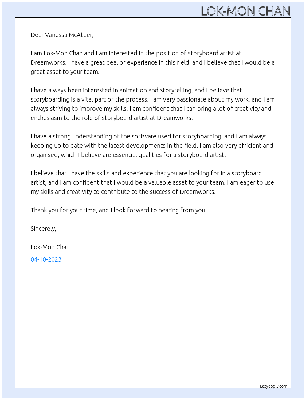 Storyboard Artist At Dreamworks Cover Letter