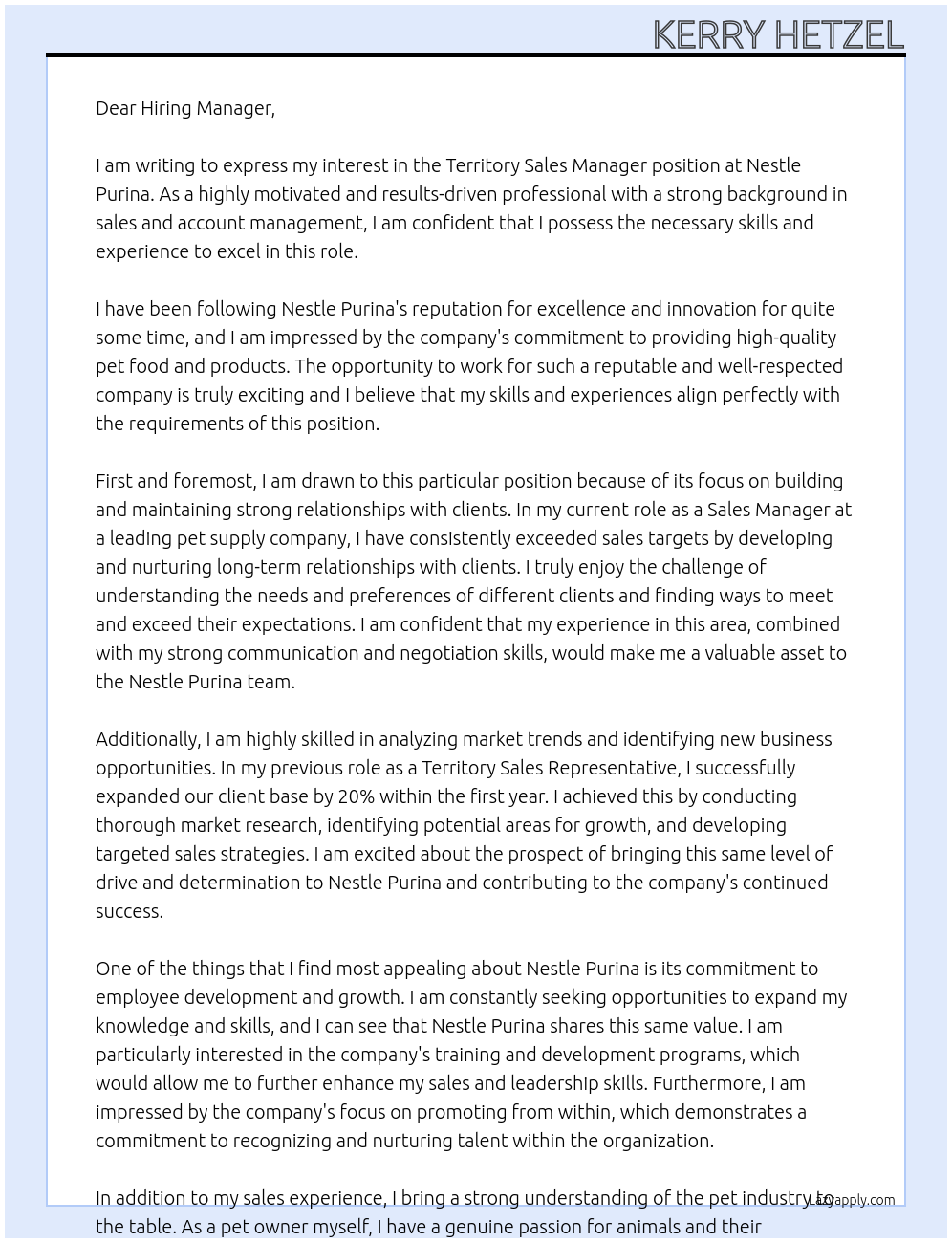 Territory Sales Manager At Nestle Purina Cover Letter