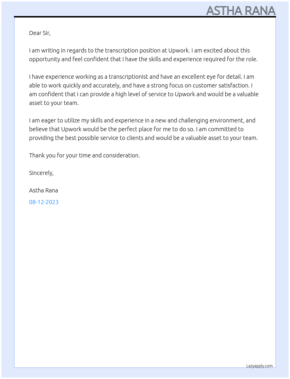 Transcription At Upwork Cover Letter