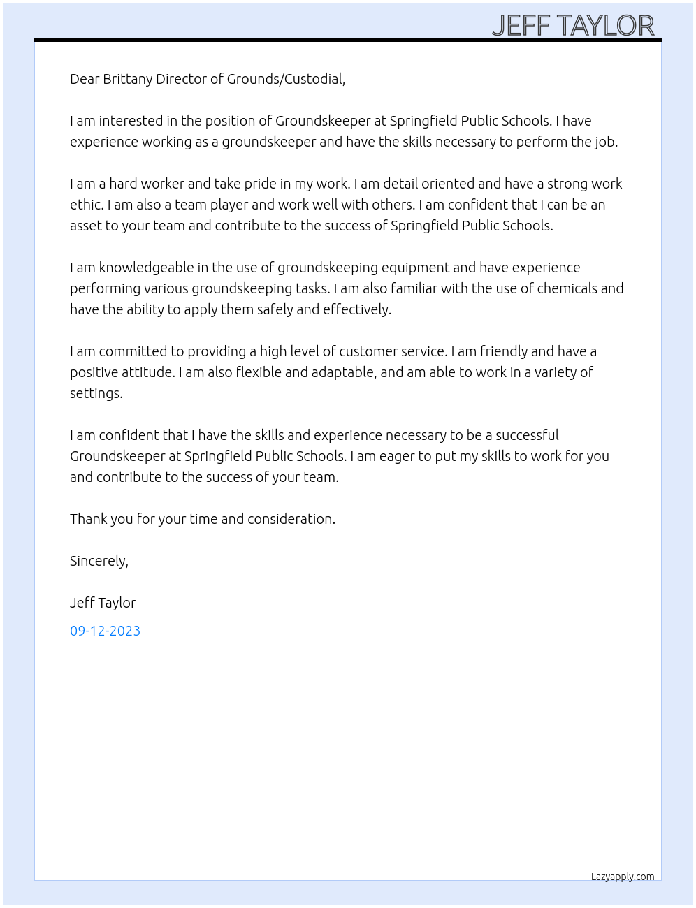Groundskeeper At Springfield Public Schools Cover Letter