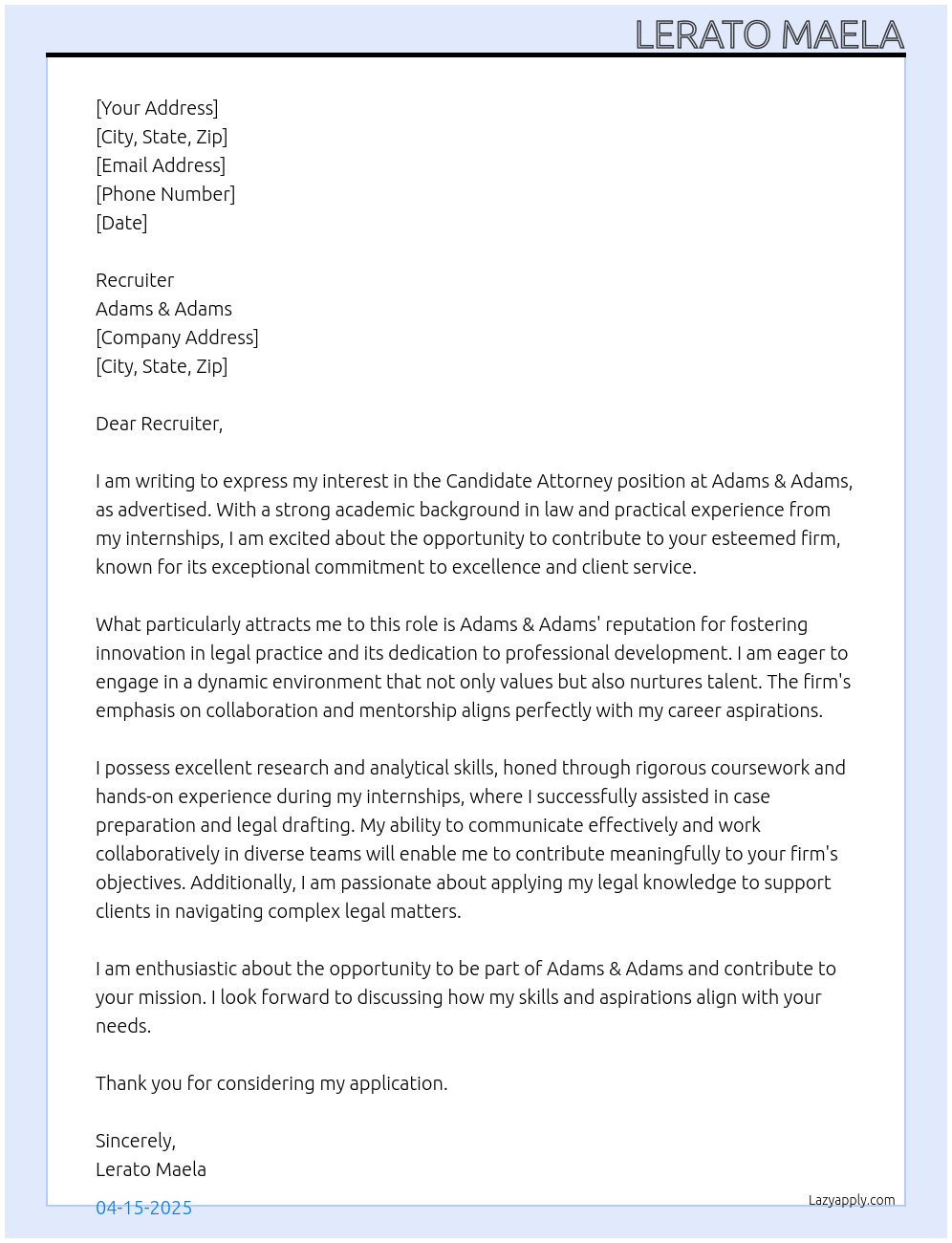 Candidate Attorney At Adams & Adams Cover Letter