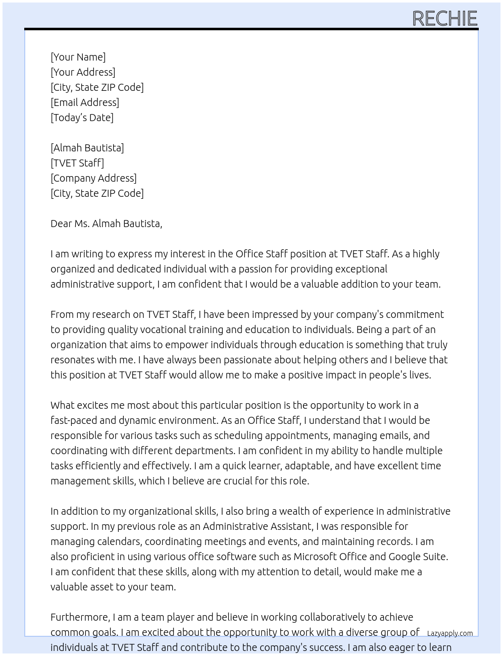 office staff At TVET staff Cover Letter