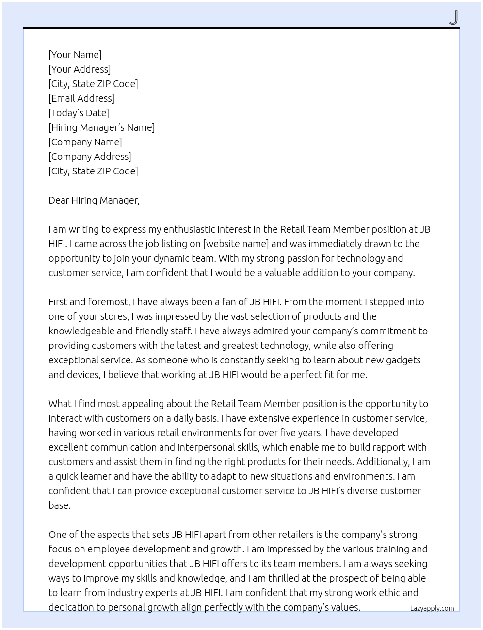 retail team member At JB HIFI Cover Letter