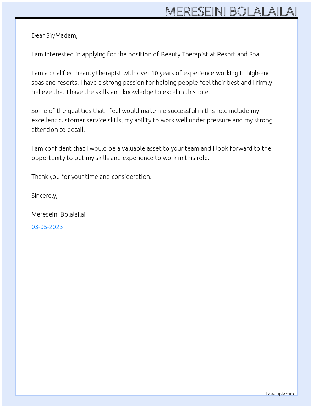 Beauty Therapist  At Resort and Spa Cover Letter