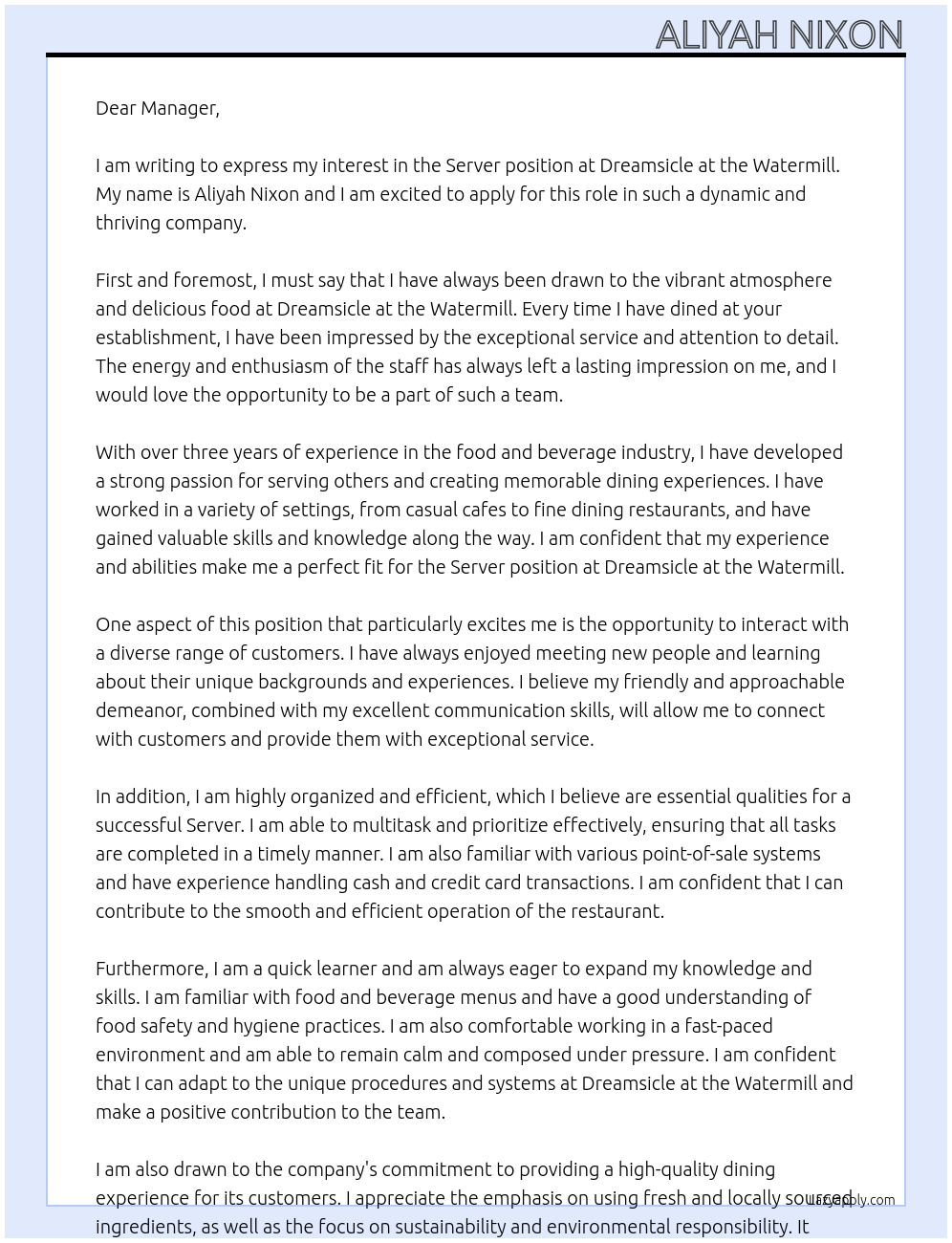 Server At Dreamsicle at the Watermill Cover Letter