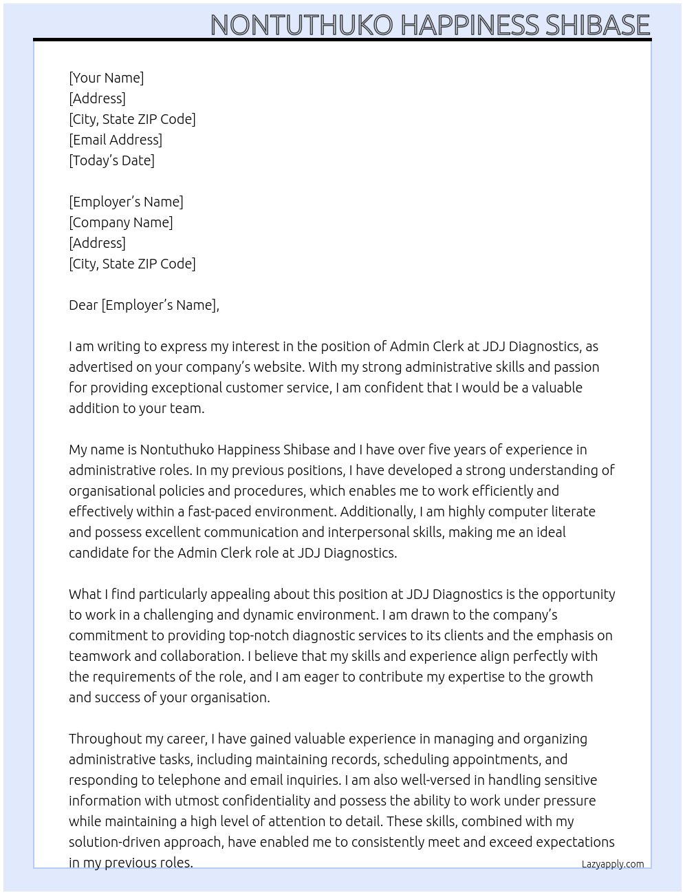 Admin Clerk At JDJ Diagnostics Cover Letter