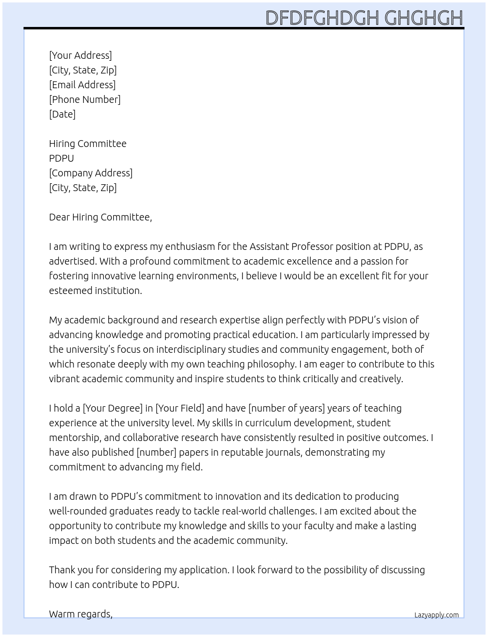 Assistant professor At pdpu Cover Letter