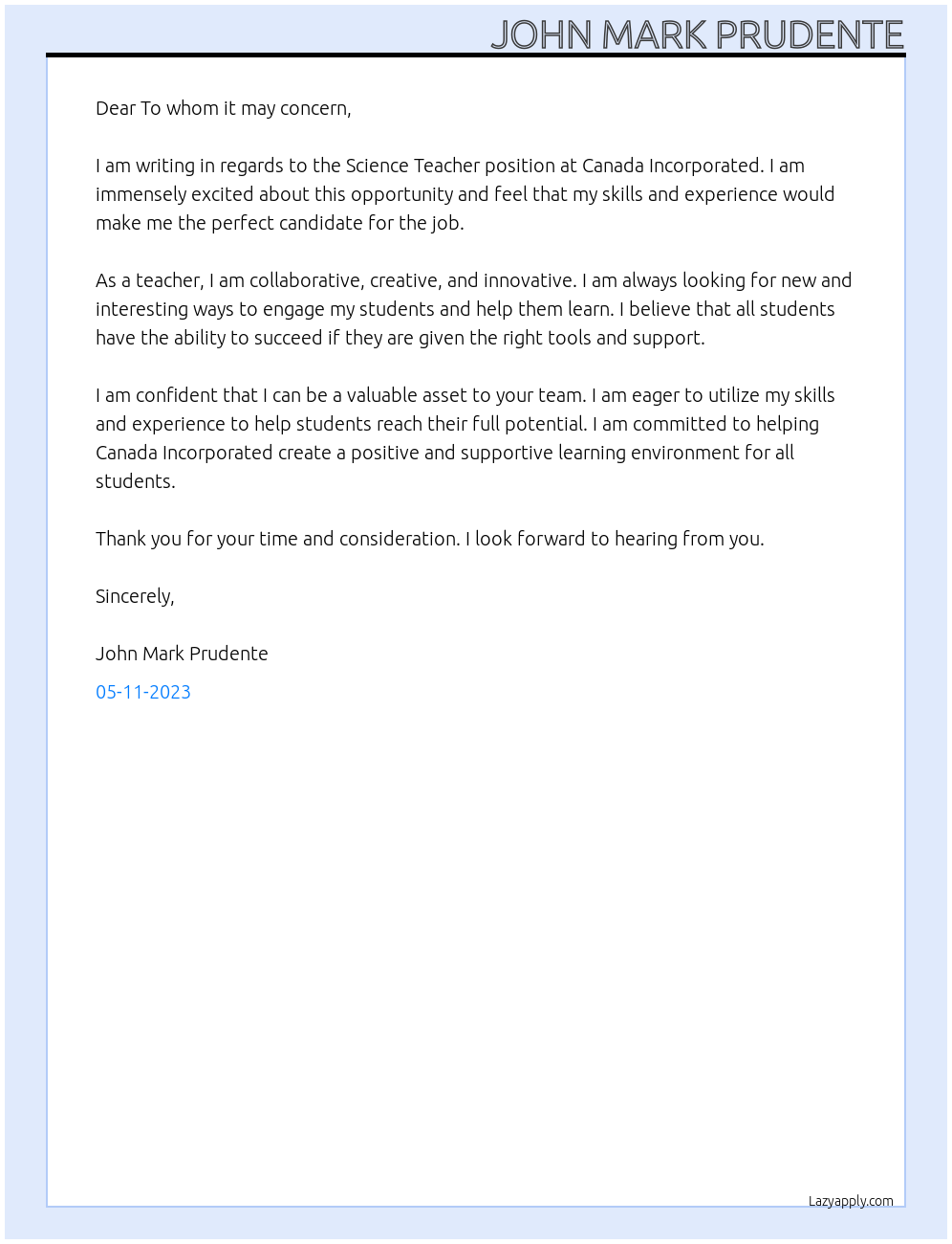 Science Teacher At Canada Incorporated Cover Letter
